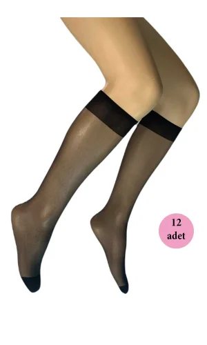 12 Adet Parlak Dizaltı Kadın Çorap 15 Denye Siyah 500