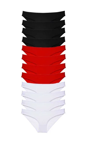 12 adet Süper Eko Set Likralı Kadın Slip Külot Siyah Kırmızı Beyaz