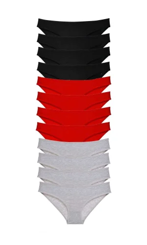 12 adet Süper Eko Set Likralı Kadın Slip Külot Siyah Kırmızı Gri