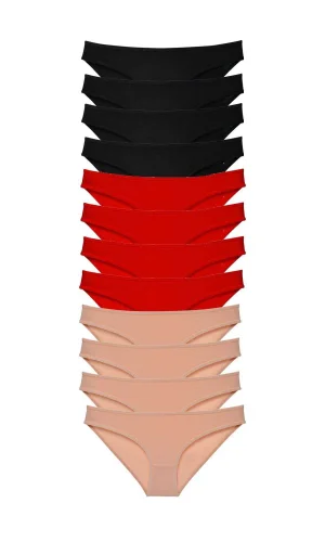 12 adet Süper Eko Set Likralı Kadın Slip Külot Siyah Kırmızı Ten