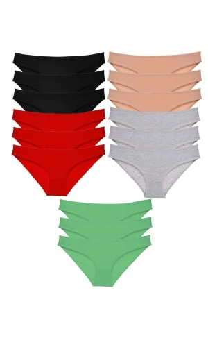 15 adet Süper Eko Set Likralı Kadın Slip Külot Siyah Kırmızı Ten Gri Yeşil