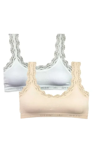 2 Adet Dantel Nakış İşlemeli Pedli Bambu Kadın Büstiyer Beyaz Krem