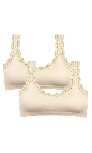 2 Adet Dantel Nakış İşlemeli Pedli Bambu Kadın Büstiyer Krem