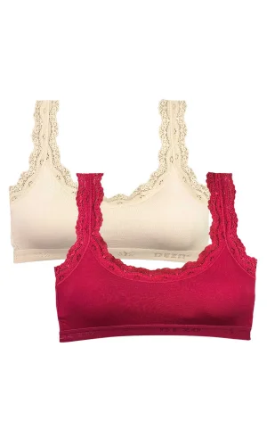 2 Adet Dantel Nakış İşlemeli Pedli Bambu Kadın Büstiyer Krem Bordo