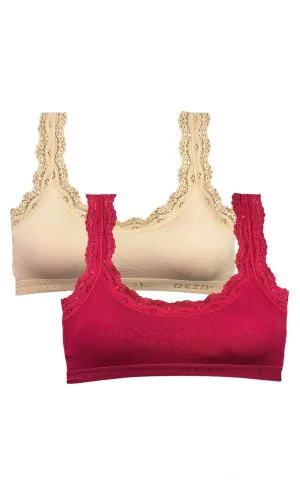 2 Adet Dantel Nakış İşlemeli Pedli Bambu Kadın Büstiyer Ten Bordo