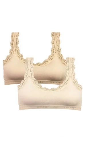 2 Adet Dantel Nakış İşlemeli Pedli Bambu Kadın Büstiyer Ten Krem