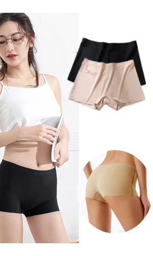 2 Adet Kadın Dikişsiz Görünmez İz Yapmaz Mini Şort Boxer Siyah Ten