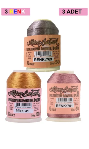 3 Adet Altınbaşak Oya ve Dantel İpi 20 gr - Royaleks - No: 041 - 701 - 769