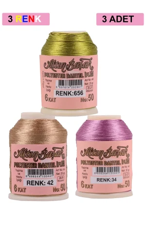 3 Adet Altınbaşak Oya ve Dantel İpi 20 gr - Royaleks - No: 042 - 034 - 656