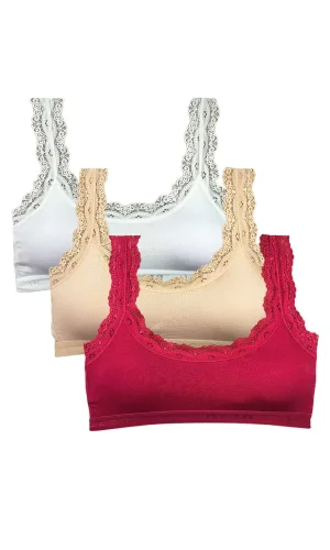 3 Adet Dantel Nakış İşlemeli Pedli Bambu Kadın Büstiyer Beyaz Ten Bordo