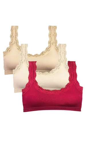 3 Adet Dantel Nakış İşlemeli Pedli Bambu Kadın Büstiyer Ten Krem Bordo