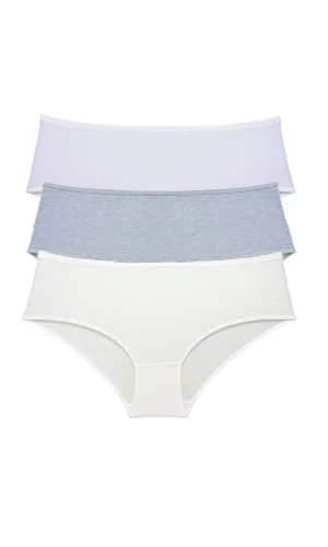 3 Adet Kadın Yüksek Bel Bato Külot Beyaz Gri Krem