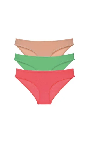 3 adet Süper Eko Set Likralı Kadın Slip Külot Ten Yeşil Fuşya
