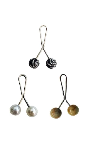 3 Adet Tesettür Eşarp ve Şal Klipsi İnci Beyaz Hardal Siyah Desenli