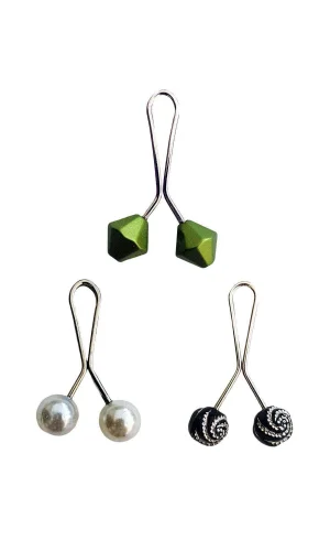 3 Adet Tesettür Eşarp ve Şal Klipsi İnci Beyaz Siyah Desenli Yeşil