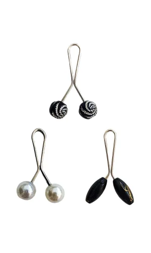 3 Adet Tesettür Eşarp ve Şal Klipsi İnci Beyaz Siyah Siyah Desenli