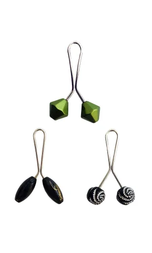 3 Adet Tesettür Eşarp ve Şal Klipsi Siyah Siyah Desenl Yeşil