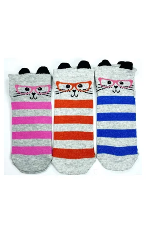 3 Çift Kedi Temalı 3 Boyut Kulaklı Pamuklu Esnek Kadın Bilek Çorap