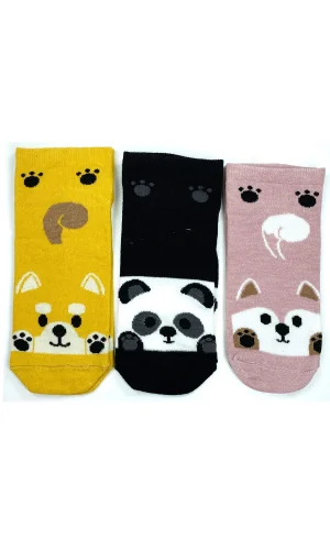 3 Çift Sevimli Hayvan Baskılı Pamuklu Kadın Bilek Çorap