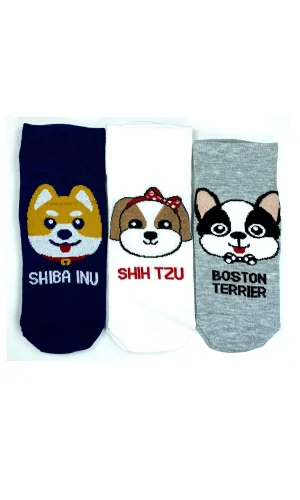 3 Çift Sevimli Köpek Temalı Baskılı Yumuşak Kadın Bilek Çorap