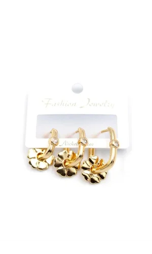 3lü Çiçek Küpe - Altın