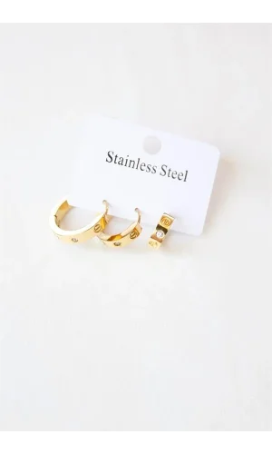 3lü Taşlı Çelik Halka Küpe - Altın