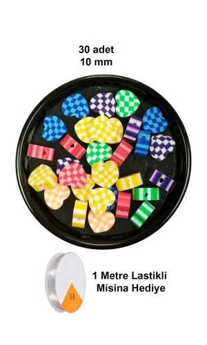 30 Adet 10 mm Polimer Kil Fimo Boncuk Takı Bileklik + 1 Metre Lastikli Misina Hediye - Desenli Kalp