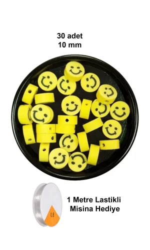 30 Adet 10 mm Polimer Kil Fimo Boncuk Takı Bileklik + 1 Metre Lastikli Misina Hediye - Gülen Yüz Smile