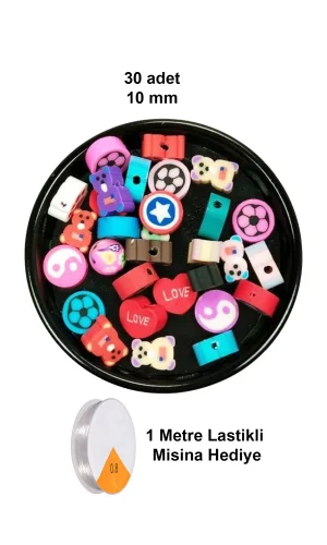 30 Adet 10 mm Polimer Kil Fimo Boncuk Takı Bileklik + 1 Metre Lastikli Misina Hediye - Karışık Renkli