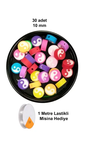 30 Adet 10 mm Polimer Kil Fimo Boncuk Takı Bileklik + 1 Metre Lastikli Misina Hediye - Renkli Yin Yang