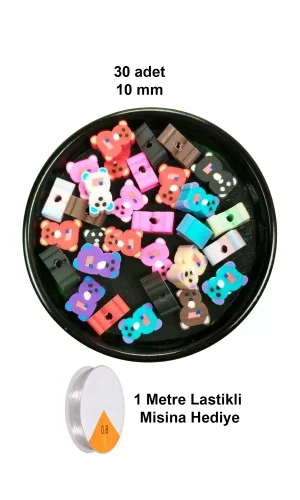 30 Adet 10 mm Polimer Kil Fimo Boncuk Takı Bileklik + 1 Metre Lastikli Misina Hediye - Renkli Ayıcık