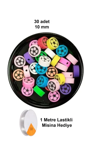 30 Adet 10 mm Polimer Kil Fimo Boncuk Takı Bileklik + 1 Metre Lastikli Misina Hediye - Renkli Çiçek