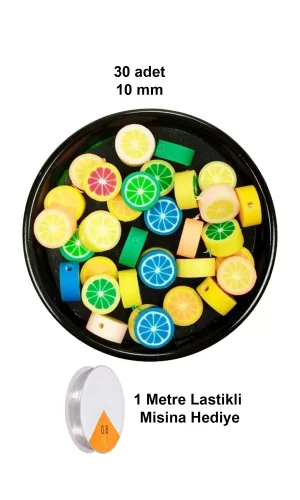 30 Adet 10 mm Polimer Kil Fimo Boncuk Takı Bileklik + 1 Metre Lastikli Misina Hediye - Renkli Limon