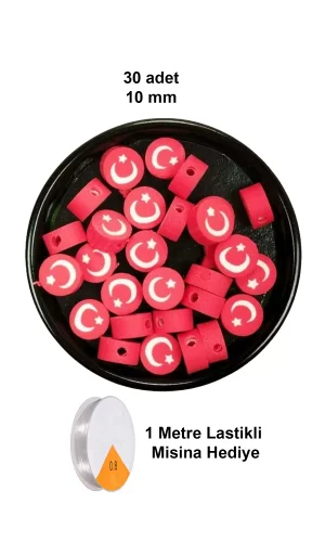 30 Adet 10 mm Polimer Kil Fimo Boncuk Takı Bileklik + 1 Metre Lastikli Misina Hediye - Türk Bayrağı