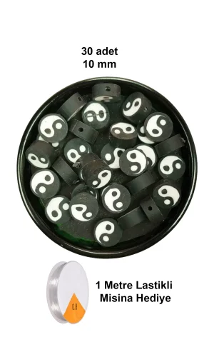 30 Adet 10 mm Polimer Kil Fimo Boncuk Takı Bileklik + 1 Metre Lastikli Misina Hediye - Yin Yang