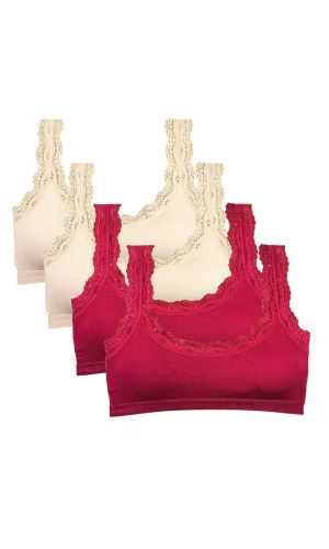 4 Adet Dantel Nakış İşlemeli Pedli Bambu Kadın Büstiyer Krem Bordo