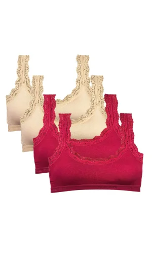 4 Adet Dantel Nakış İşlemeli Pedli Bambu Kadın Büstiyer Ten Bordo