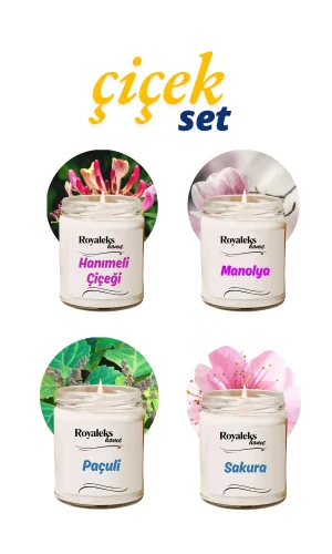 4 Adet Doğal Özel Seri Kokulu Dekoratif Kavanoz Mum 4X210 cc - Çiçek Seti - RYL