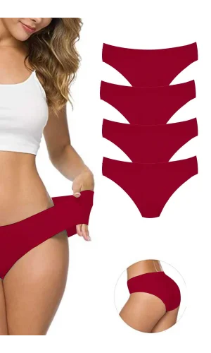 4 Adet Kadın Dikişsiz Lazer Kesim Esnek İz yapmayan Külot Bordo