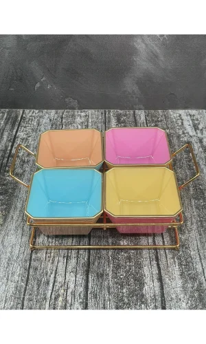 4 Bölmeli Gold Standlı Cam Kahvaltılık Çerezlik Sunumluk Renkli