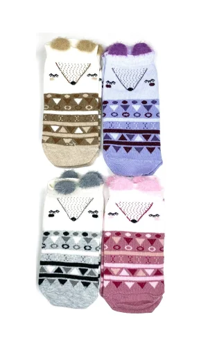 4 Çift Yumuşak Ponpon 3 Boyut Kulaklı Desenli Pamuklu Kadın Bilek çorap