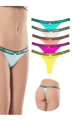 5 Adet Beli Yazılı Pamuk Kadın Tanga String Külot