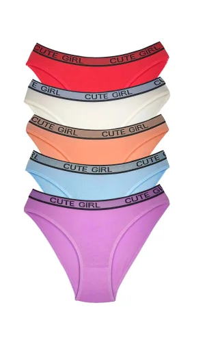 5 Adet Beli Yazılı Pamuklu Kalın Lastik Kadın Slip Külot
