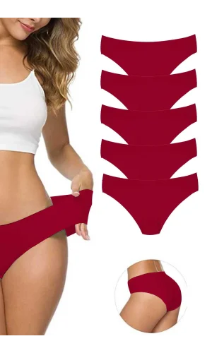 5 Adet Kadın Dikişsiz Lazer Kesim Esnek İz yapmayan Külot Bordo