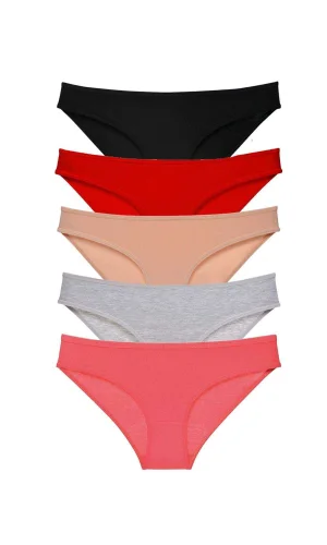 5 adet Süper Eko Set Likralı Kadın Slip Külot Siyah Kırmızı Ten Gri Fuşya