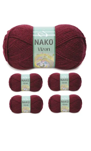 5 Adet Vizon Premium Akrilik El Örgü İpi Yünü Renk No:999 Bordo