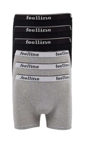 6 adet Feelline Siyah ve Gri Pamuklu Doğal Likralı Erkek Boxer