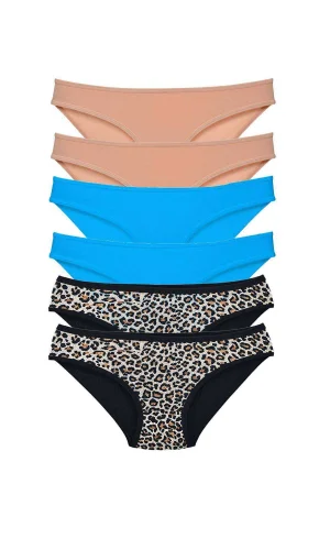 6 Adet Likralı Kadın Slip Külot Leopar Ten Mavi