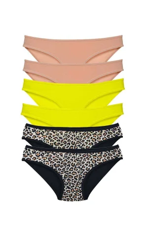 6 Adet Likralı Kadın Slip Külot Leopar Ten Sarı