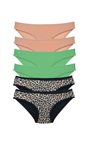 6 Adet Likralı Kadın Slip Külot Leopar Ten Yeşil